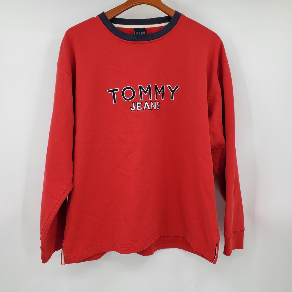 Vintage 1999 Tommy Jeans Red Embroidered Logo Crewneck Sweatshirt XL 90s Preppy